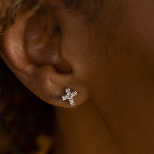 Cross earrings with dainty silver jewelry crystals