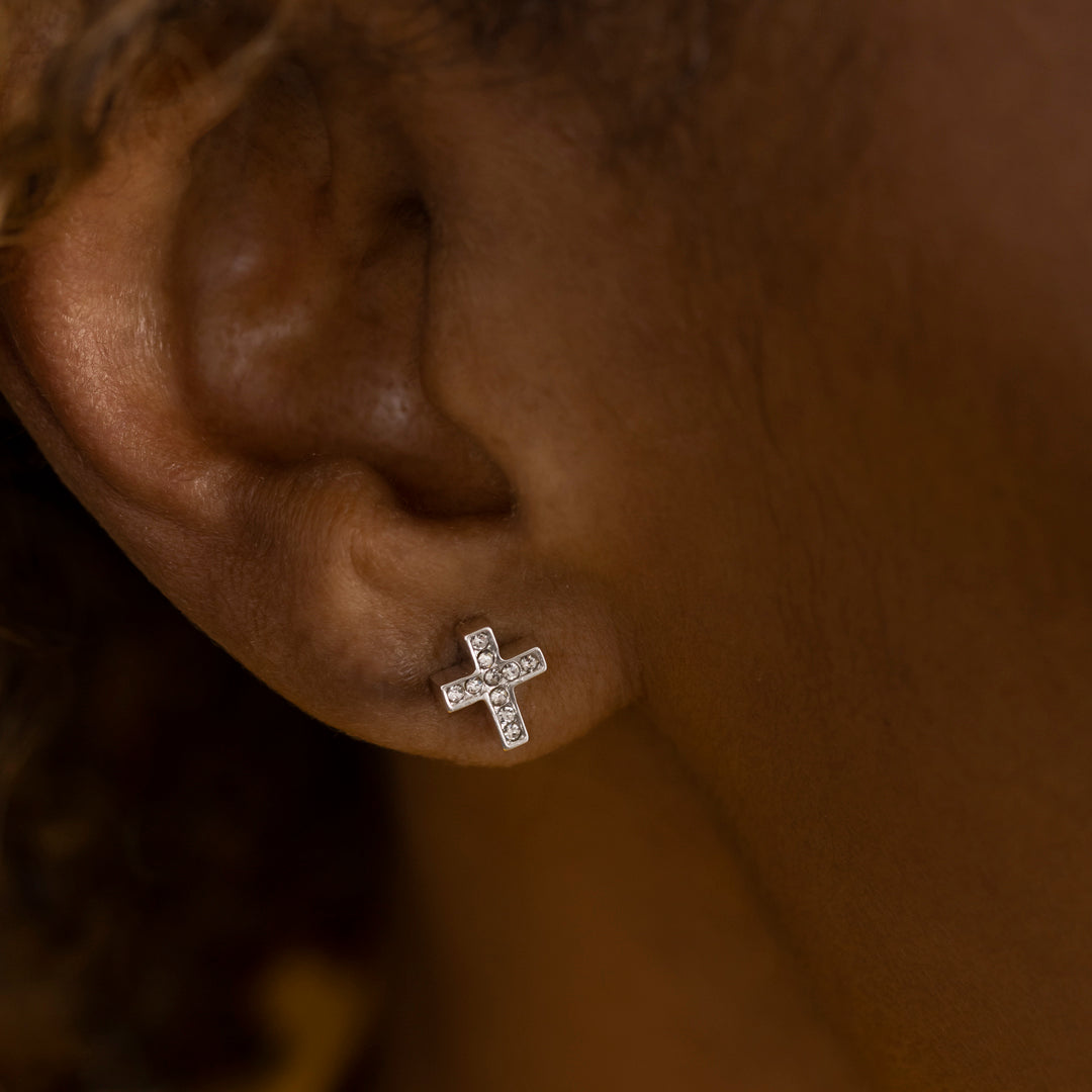 Cross earrings with dainty silver jewelry crystals
