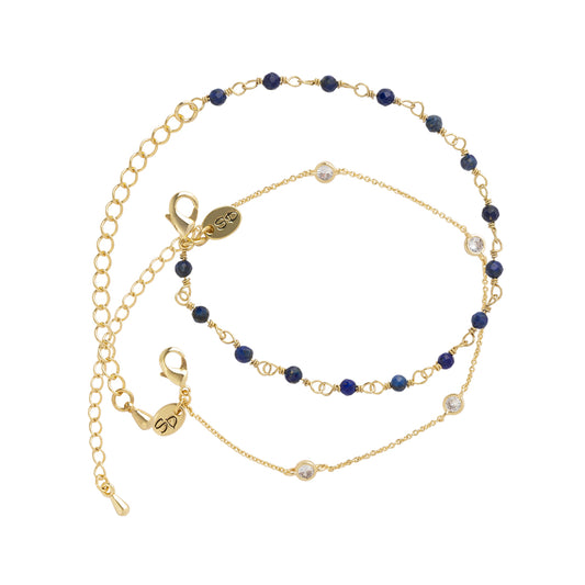 Dainty gold bracelet set with bezel and lapis